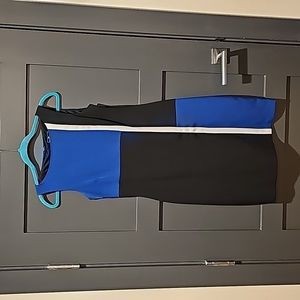 White, blue, and black summer work dress